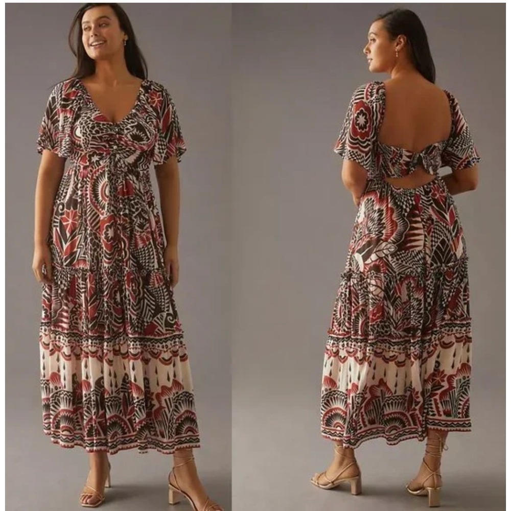 Anthropologie Tiered Ruffle Maxi Dress Red Black Geometric Cutout 3X Boho Flowy - Picture 3 of 16